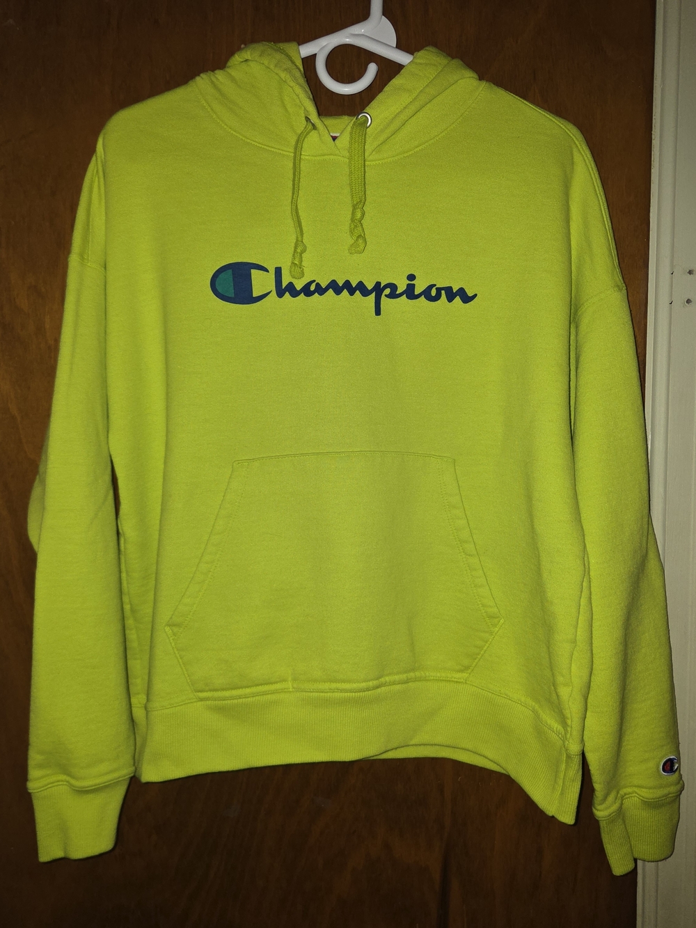 Champion Neon Lime Crewneck Hoodie with Blue Logo